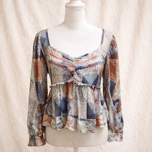 Boho Patchwork Peplum Top AE Cottagecore Romantic Flowy Vintage Inspo Blouse XS